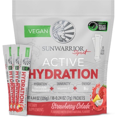 Active Hydration Powder Sugar Free B12 Elderberry & Electrolytes Water Enhancer, Sunwarrior, Blue Raspberry, Strawberry Colada or Pineapple, 18 Sticks