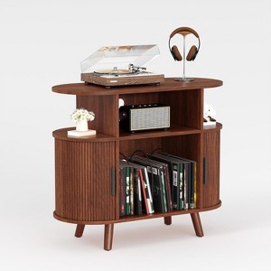 Mid Century Modern Record Stand, Fluted Turntable Cabinet with Charging Station and Display Shelf for Living Room - 1 of 4