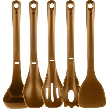 NutriChef Kitchen Cooking Utensils Set-Includes Spatula, Pasta Fork, Solid Spoon, Slotted Spoon & Tool Seat,Brown