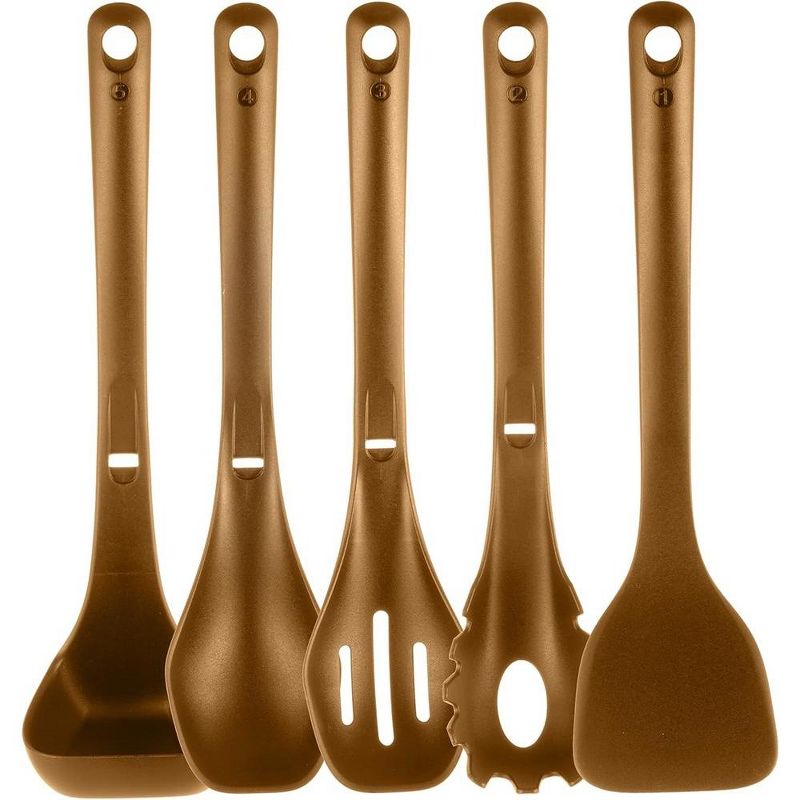 NutriChef Kitchen Cooking Utensils Set-Includes Spatula, Pasta Fork, Solid Spoon, Slotted Spoon & Tool Seat,Brown, 1 of 2