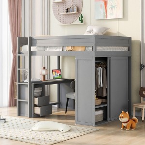 NicBex Full Size Bunk Bed with Desk Wood Rack Bed Frame with Storage Drawers, Wardrobes, Guardrails and Ladder, No Spring Box Required - 1 of 4