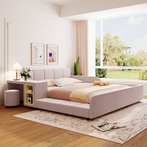 Full/Queen Size Velvet Upholstered Grounded Bed Frame, Mother & Child Platform Bed with Bedside Desk and Little Round Stool - ModernLuxe - 1 of 4