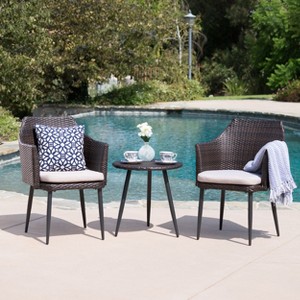 Christopher Knight Home Iona Outdoor Wicker 3 Piece Chat Set with Cushions, Textured Beige/Multibrown - 1 of 4