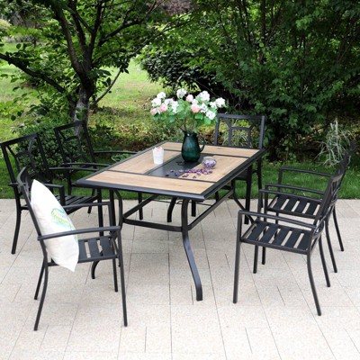 7pc Metal Patio Dining Set with Rectangular Faux Wood Table & 6 Stackable Chairs - Captiva Designs