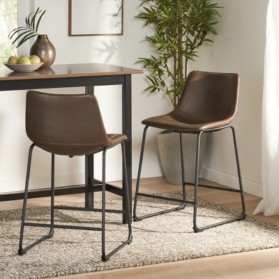Armless Industrial Counter Stool Set of 2 with Metal Legs and Footrest,Upholstered Bar Stool with Bucket Seats-Cuddlewood