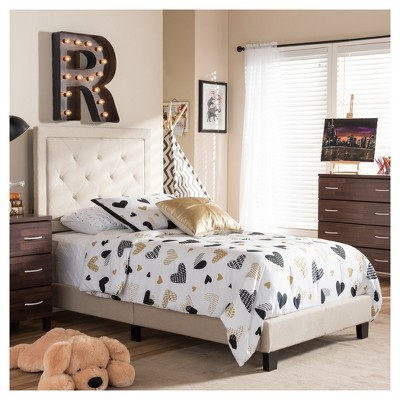 Modern Beige Linen Twin Platform Bed with Diamond Tufting