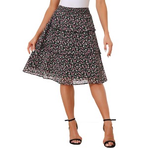 Allegra K Women's Floral Print Smocked Elastic Waist Midi Flowy Tiered Ruffle Skirt - 1 of 4