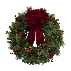 30" Pre-Lit Artificial Christmas Wreath with Pine Cones, Red Berries, and Velvet Bow - 1 of 4