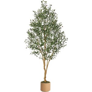Olive Trees Artificial Indoor, Artificial Plants, Olive Tree with Planter, Fake Topiary Silk Tree with Natural Wood Trunk and Lifelike Fruits - 1 of 4