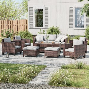 Sonkuki 8-Piece Rattan Patio Furniture Set Coversation Set Outdoor Sofa Couch w/ Chairs, Side Table and Ottoman, Navy Blue Cushion - 1 of 4
