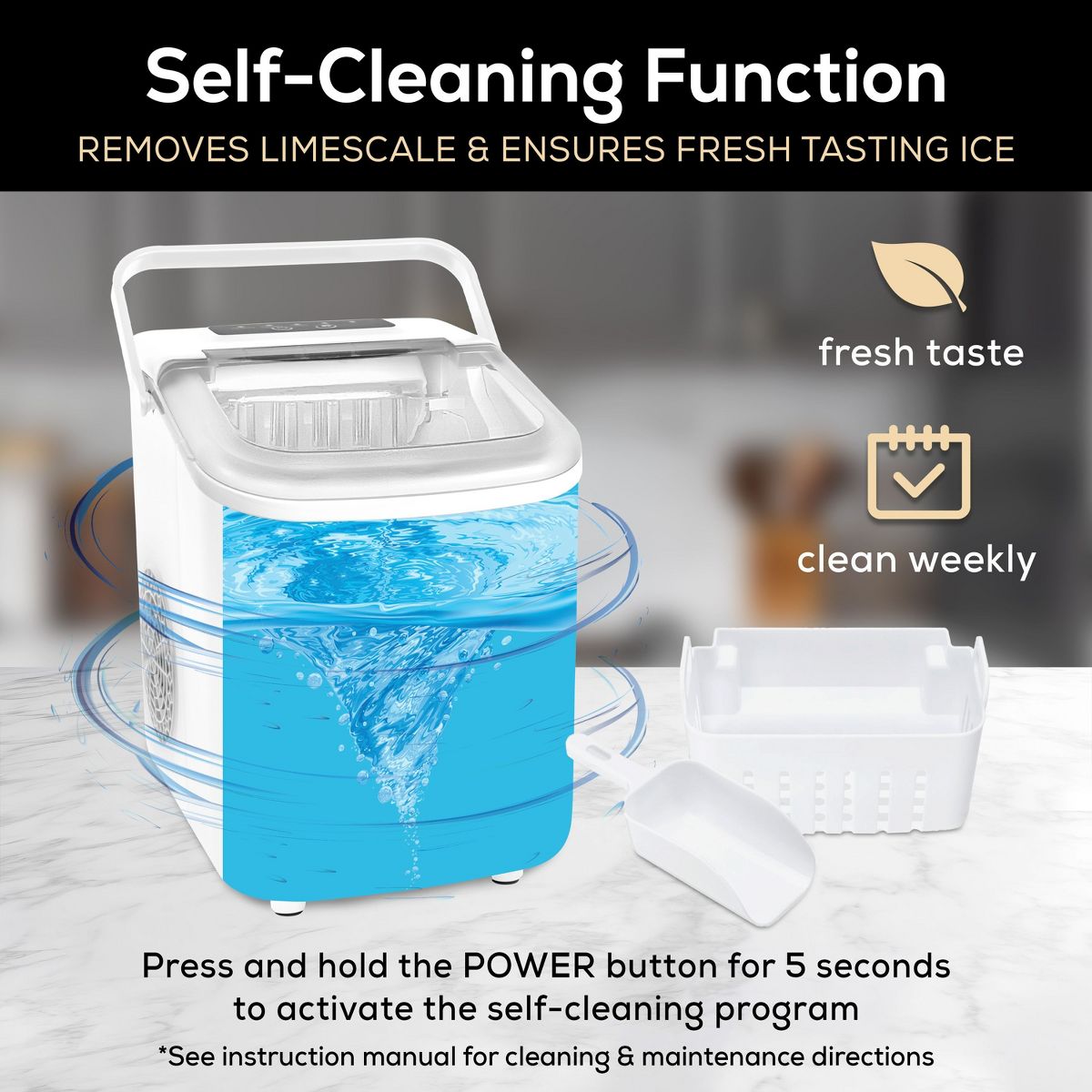 Igloo Self-Cleaning Portable Electric Countertop Ice Maker Machine With Handle, 26 Pounds in 24 Hours, With Ice Scoop and Basket, White - thumbnail 6