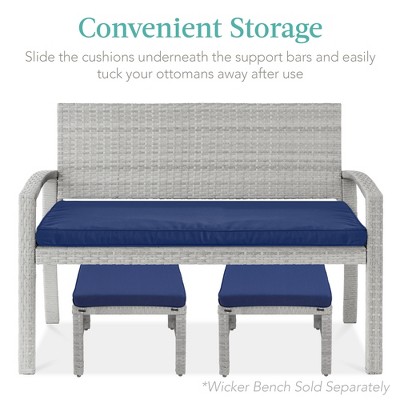 Coastal Gray & Navy Wicker Patio Ottomans with Cushions - Set of 2
