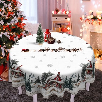 Christmas Reindeer Tablecloth with Bowknot & Plaid Pattern – Dustproof Holiday Dining Table Cover Home Decor