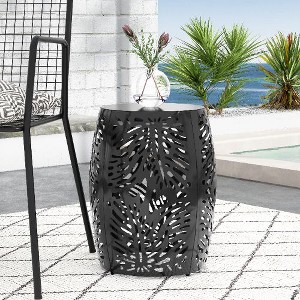 CAVINAS Modern Iron Patio Side Table with Tropical Palm Leaf Cut Design, Modern Barrel-Shaped Patio End Tables, Iron-cut  Outdoor Table - 1 of 4