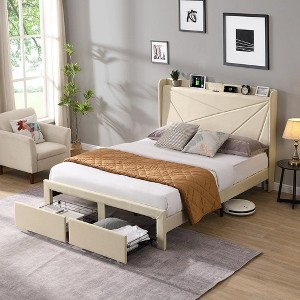 Queen Size Bed Frame with 2 Storage Drawers, Lined Fabric Upholstered Headboard with Charging Station, Storage Shelf, No Box Spring Needed, Beige - 1 of 4