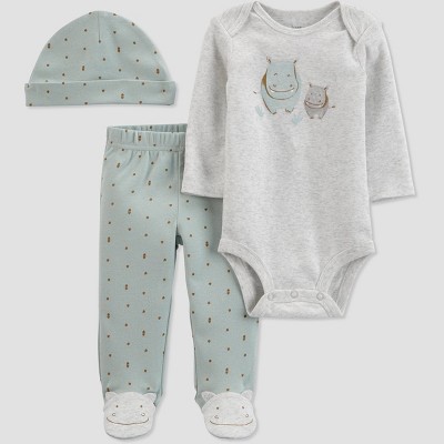 Image of Baby Boys' 3pc Hippo Top and Bottom Set with Hat - Just One You® made by carter's Green/Gray Newborn