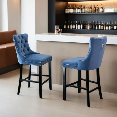 Counter Height Bar Stools Set of 2, Velvet Upholstered Dining Chairs with Nailhead Trim, Wooden Legs, Button Tufted Decor - Leovsnove