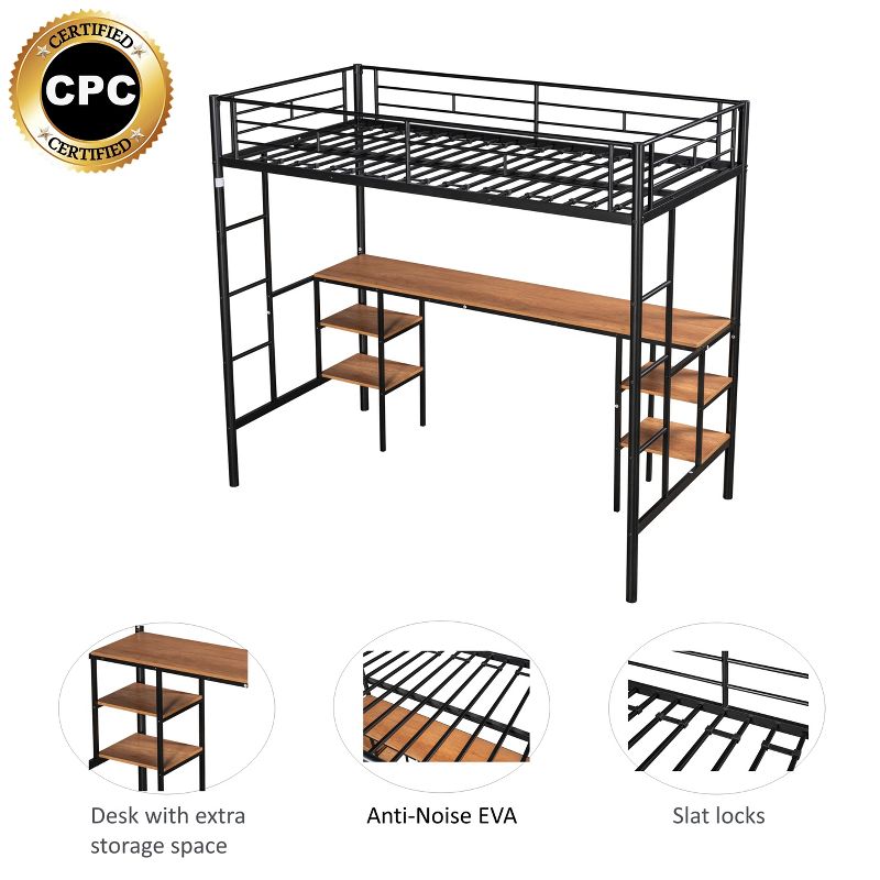 Metal Twin Size Low Loft Bed With Storage Shelf And Table, Black - ModernLuxe, 4 of 11