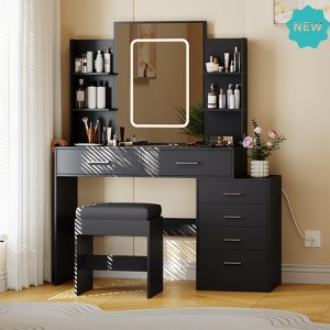 Jojoka Makeup Vanity with Mirror, 6 Drawers & Shelves, Charging Ports, Hairdryer Holder & Stool, 3-Color Adjustable Lights for Bedroom - 1 of 4