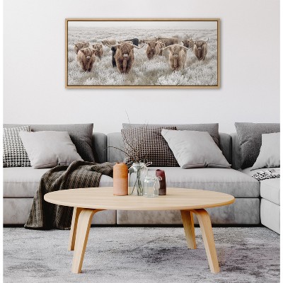 Herd of Highland Cows Natural Framed Canvas Print, 18x40