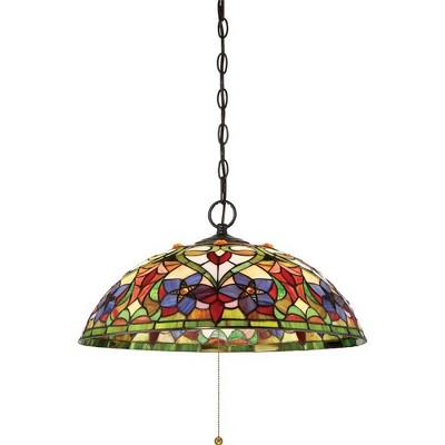 Violets 20" Multicolor Tiffany Glass Vintage Bronze Pendant Light