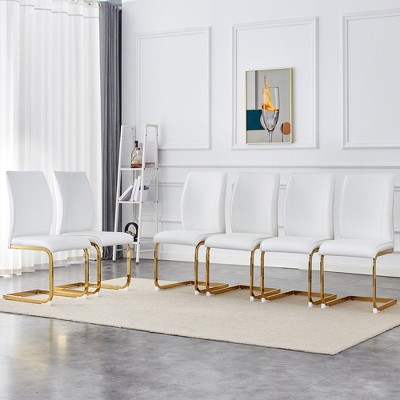 Akoasm Modern Upholstered High Toughness PU Arch Dining Chair Study Chair With Arched Metal Gold Leg Set of 6 For Hotel Living Room & Bedroom-White