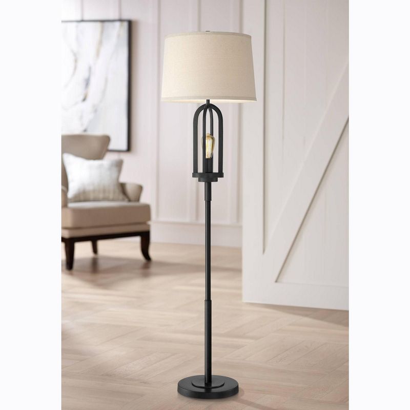 360 Lighting Marcel Rustic Farmhouse Floor Lamp 64" Tall Black Metal with LED Nightlight Natural Linen Drum Shade for Living Room Bedroom Office House, 2 of 10