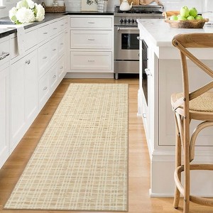 Modern Plaid Runner Rug, Non-Slip, Low Pile, Washable Yellow Carpet for Hallway, Kitchen & Bathroom - 1 of 4
