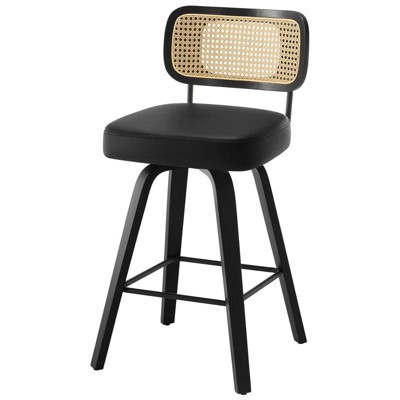 Swivel Counter Height Bar Stools - 26" Faux Leather Upholstered with Rattan Back, Black Wood Frame for Kitchen Island