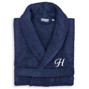Linum Home Textiles 100% Turkish Cotton Unisex Personalized Terry Bathrobe Navy in White Script Font - 1 of 3