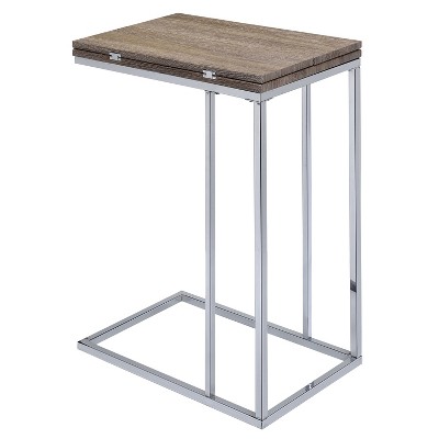 Vynxaria Rustic-Modern Side Table ¨C Weathered Oak & Chrome Finish, Expandable Swivel Top, Geometric Shape Base, Versatile Surface