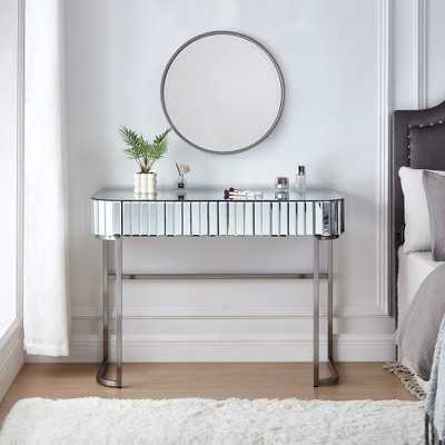 GlasFlength Mirrored Makeup Vanity Table with Stainless Steel Base, with Drawers, Versatile Desk for Bedroom and Office, Silver, 39.4"*17.7"*29.3"