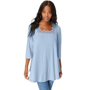 Roaman's Women's Plus Size Squareneck Pointelle Top - 1 of 4