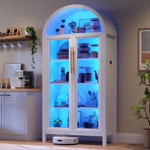 Fredees Display Curio Cabinet with Glass Doors, Arched 5-Tier Bookcase with 3-Color Lights & Human Sensor for Collectibles,White - 1 of 4