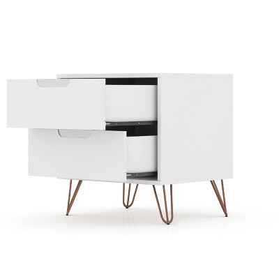 White Mid-Century Modern 2-Drawer Nightstand with Metal Legs