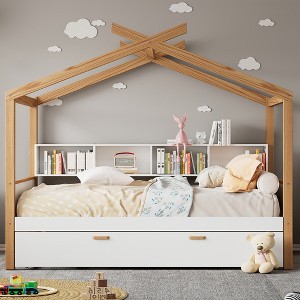 GDFStudio Dyrik Modern Wooden Platform House Bed with Trundle and Bookshelve for Kids - 1 of 4