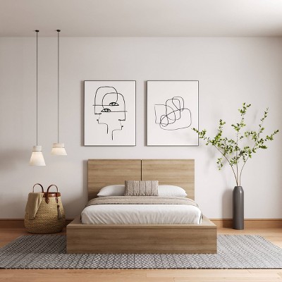 Light Brown Oak Full Platform Bed with Headboard