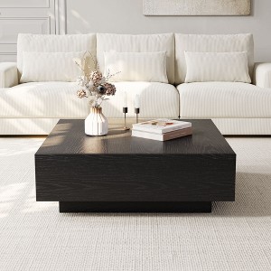 POVISON 35" Square Wood Coffee Table with Storage, Mid-Century Modern Coffee Table with 2 Drawer, Wood Veneer, for Living Room, Fully-assembled, Black - 1 of 4