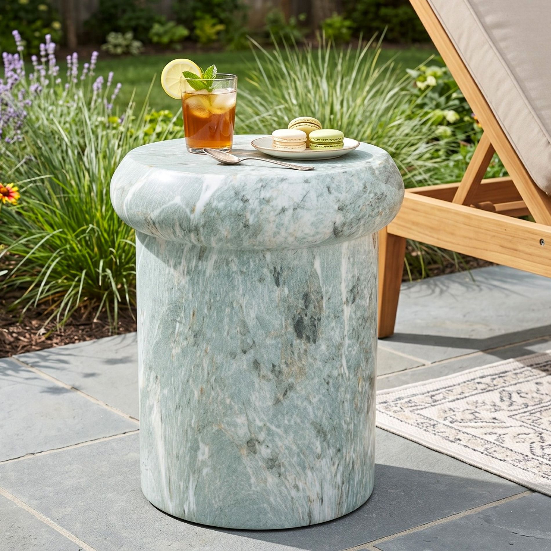 Round Patio End Table Indoor&Outdoor Side Table, MGO Weather Resistant Decorative Accent Table Garden Plant Stand, No Assembly,Green Marble-ModernLuxe
