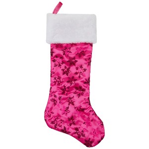 Northlight 20.5" Pink Sequin Snowflake Christmas Stocking with Faux Fur Cuff - 1 of 4