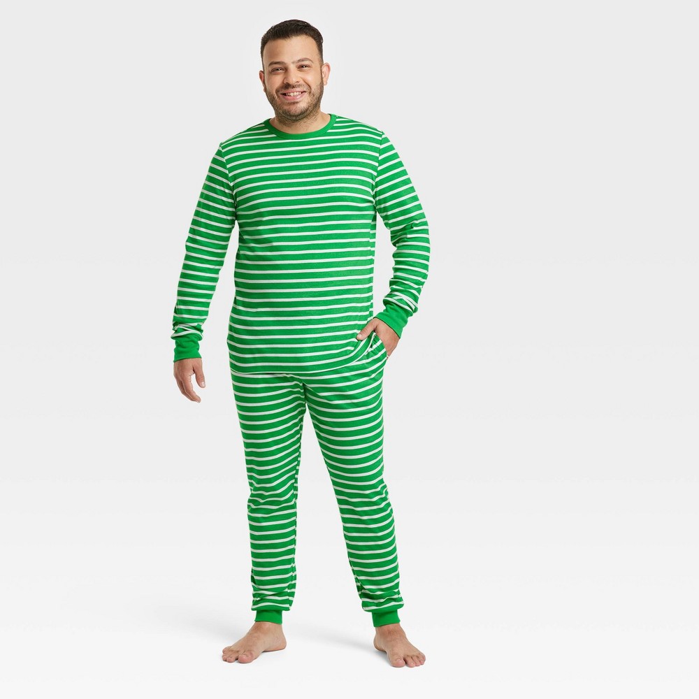 Men's Striped 100% Cotton Matching Family Pajama Set - Green M