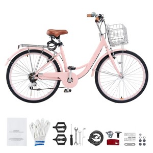 26 Inch 7-Speed Beach Cruiser Bike for Women with Large Basket and
