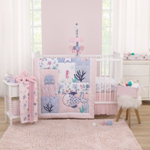 NoJo Mermaid Lagoon Pink, Blue and White Undersea Friends, Fish, Coral, Jellyfish and Starfish 4 Piece Nursery Crib Bedding Set - 1 of 4