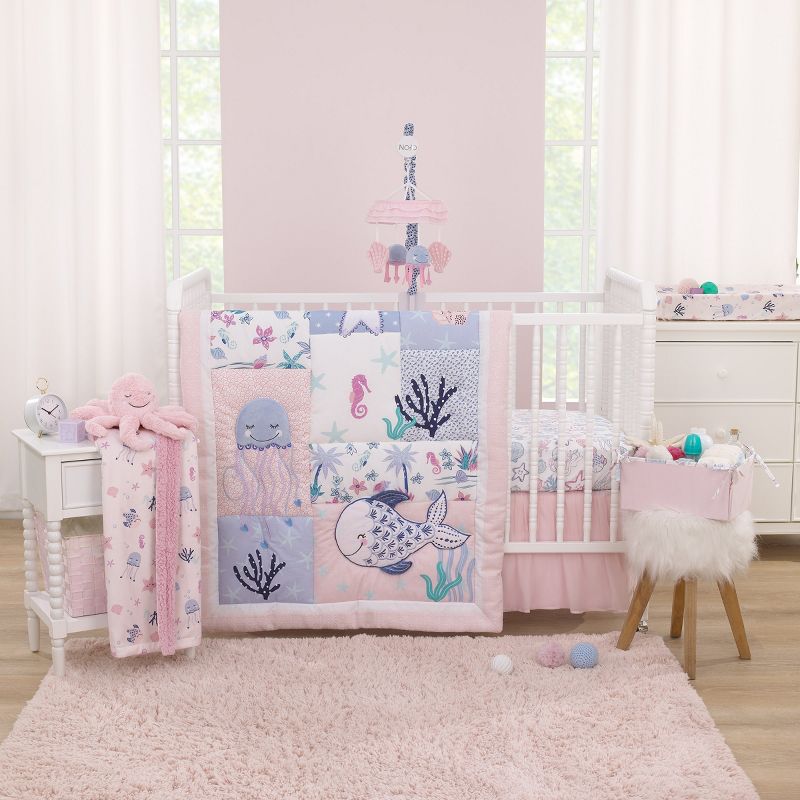 NoJo Mermaid Lagoon Pink, Blue and White Undersea Friends, Fish, Coral, Jellyfish and Starfish 4 Piece Nursery Crib Bedding Set, 1 of 11