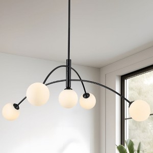 PAKOKULA 41.3 in. 5-Light Black Sputnik Chandelier with White Globe Glass Shades, Modern Linear Fixture for Kitchen Island - 1 of 4