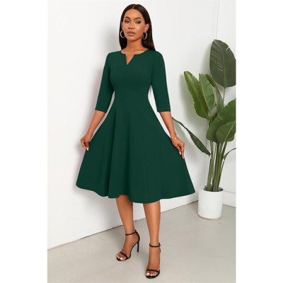 Clotth Women's Midi Dress - 3/4 Sleeve V Neck, A-Line Fit and Flare, Cocktail Wedding Guest Work Dress with Pockets