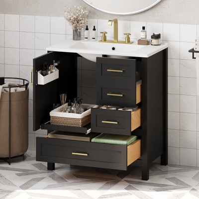 30 Inch Bathroom Vanities With Ceramic Sink Combo, Bathroom Sink Cabinet With 3 Drawers And 1 Door