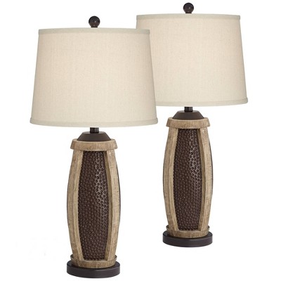 John Timberland Rustic Farmhouse Table Lamps Set of 2 with USB Charging Port Hammered Bronze Wood Oatmeal Tapered Drum Living Room