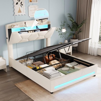 Lift Up Storage Bed Frame, Upholstered Platform Bed with Led Lights & Hydraulic Storage