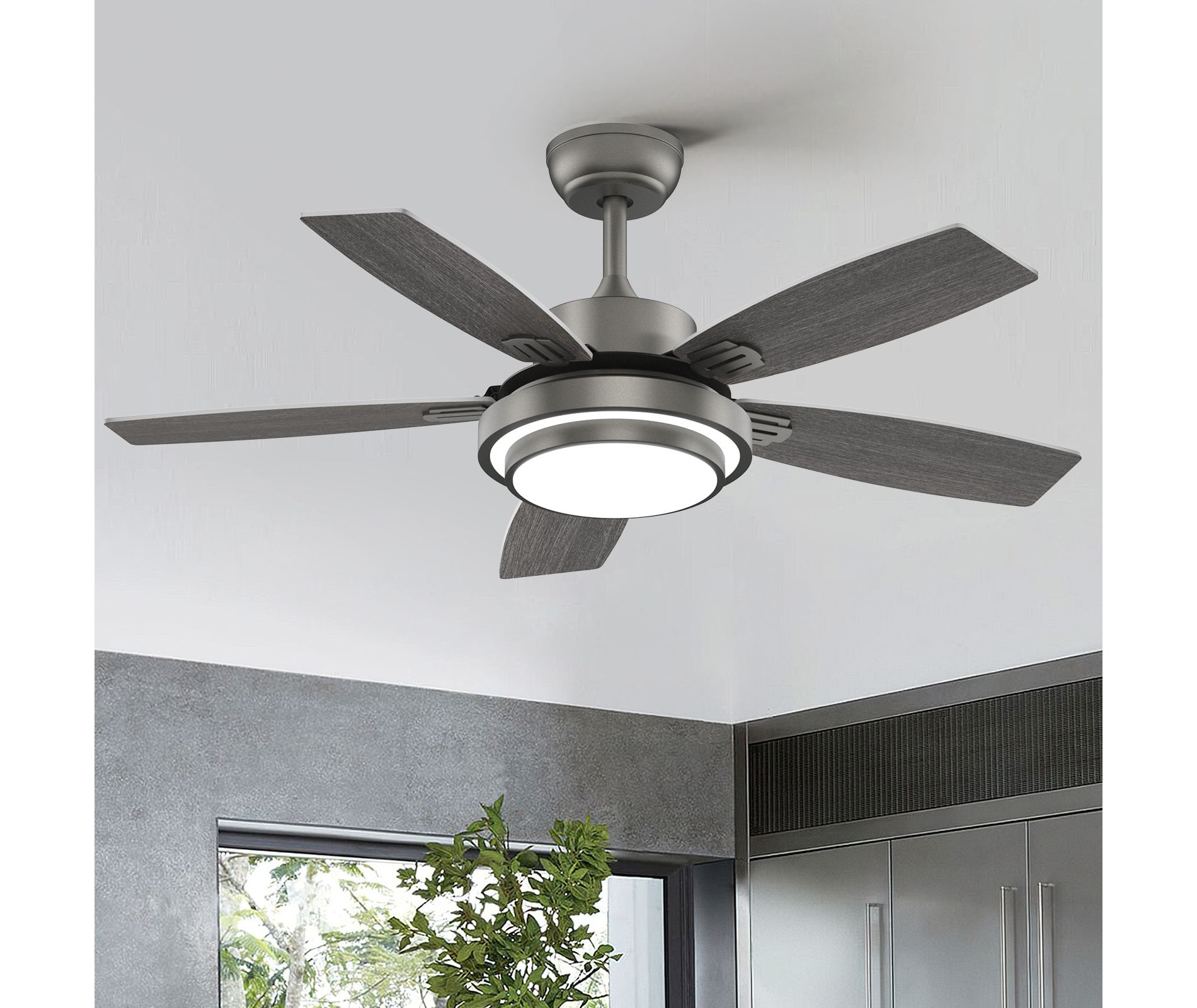 Siljoy 42-in Gray Ceiling Fan with Gray and Oak Color Blades Ceiling Fan With Light - Remote Included